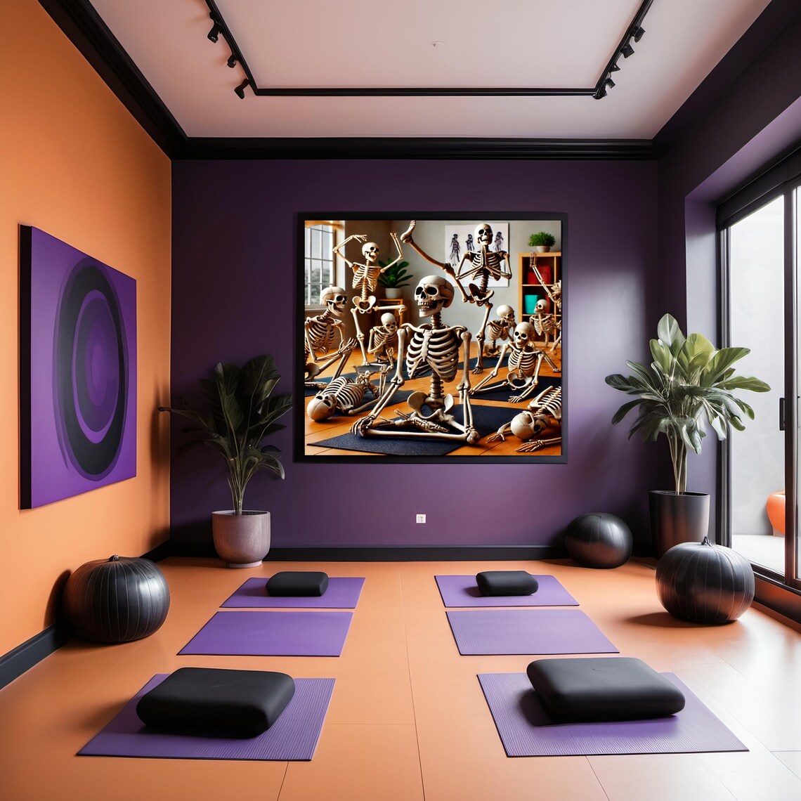 Skeletons Practicing Yoga Poses On Mats In Bright Studio Humor Wall Art Print - Image 3