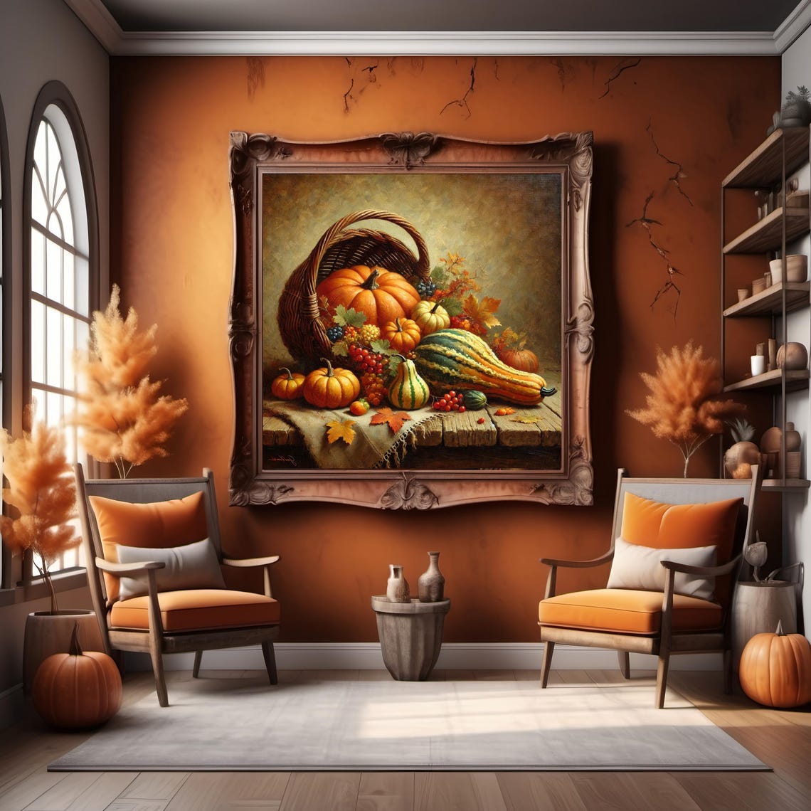 Harvest Basket Spilling Pumpkins Gourds Fall Leaves Still Life Poster - Image 2