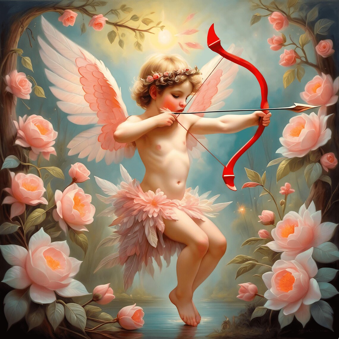 Cupid Cherub With Red Bow Aiming Arrow Rose Garden Valentine Print