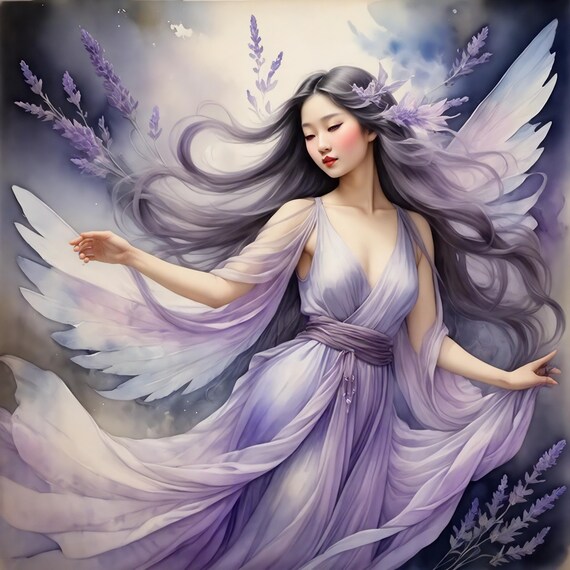 Lavender Angel Fairy Purple Wings Ethereal Watercolor Fantasy Wall Art
