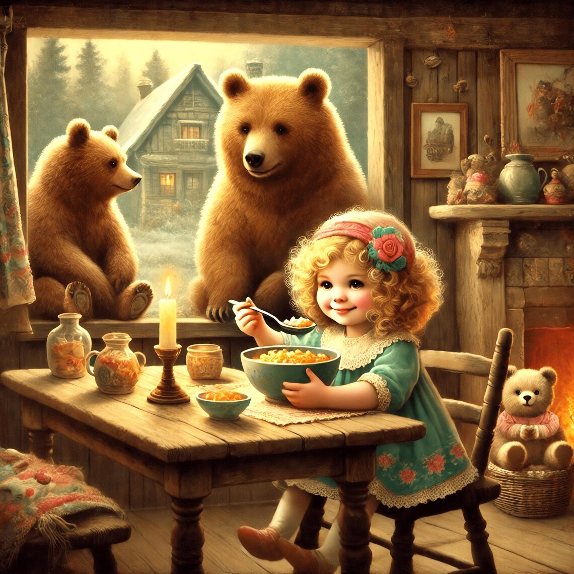 Goldilocks And The Three Bears Snowy Cabin Morning Scene Poster