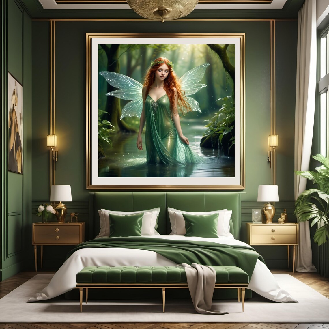 Enchanted Forest Fairy Standing In The Woodland Stream Art Poster - Image 2