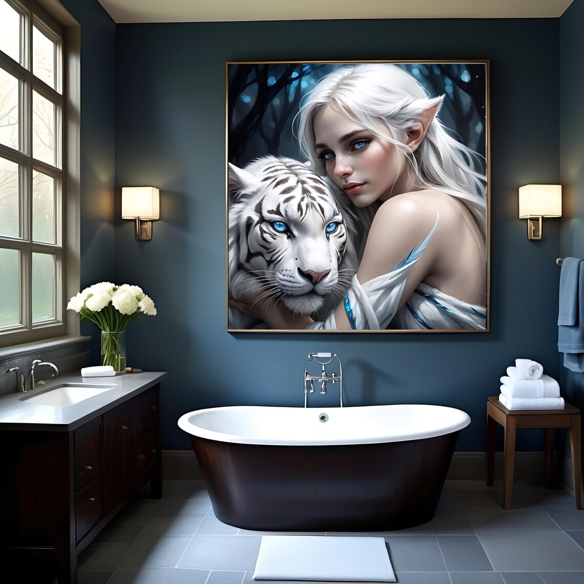 Elven Woman Embracing White Tiger Moonlit Forest Fantasy Magical Portrait Wall Art - Image 2