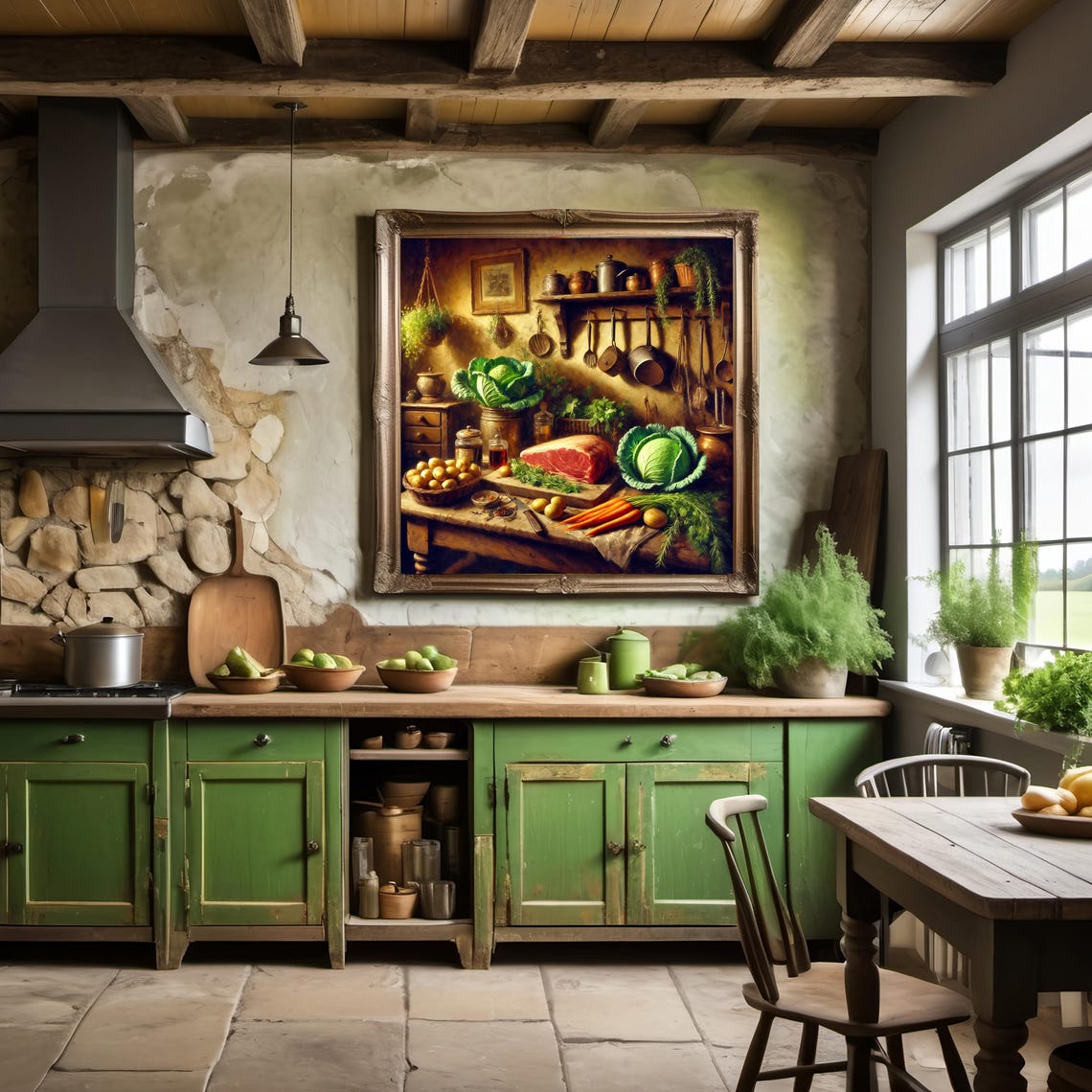 Rustic Farmhouse Kitchen Still Life Beef Cabbage Copper Pots Poster - Image 3