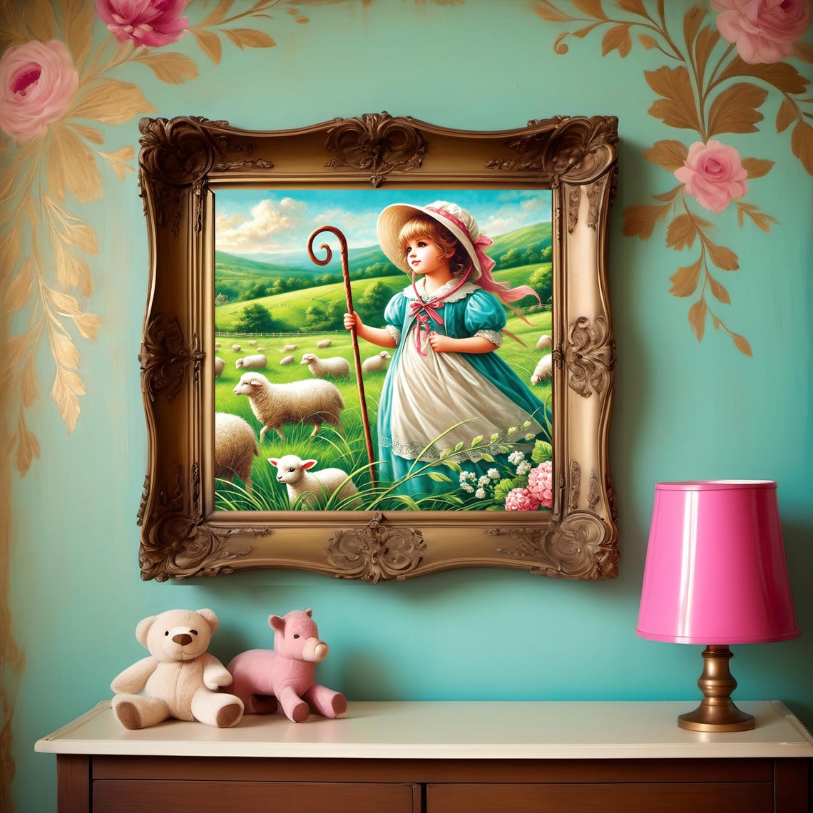 Little Bo Peep Shepherdess With Sheep Meadow Storybook Nursery Poster - Image 2