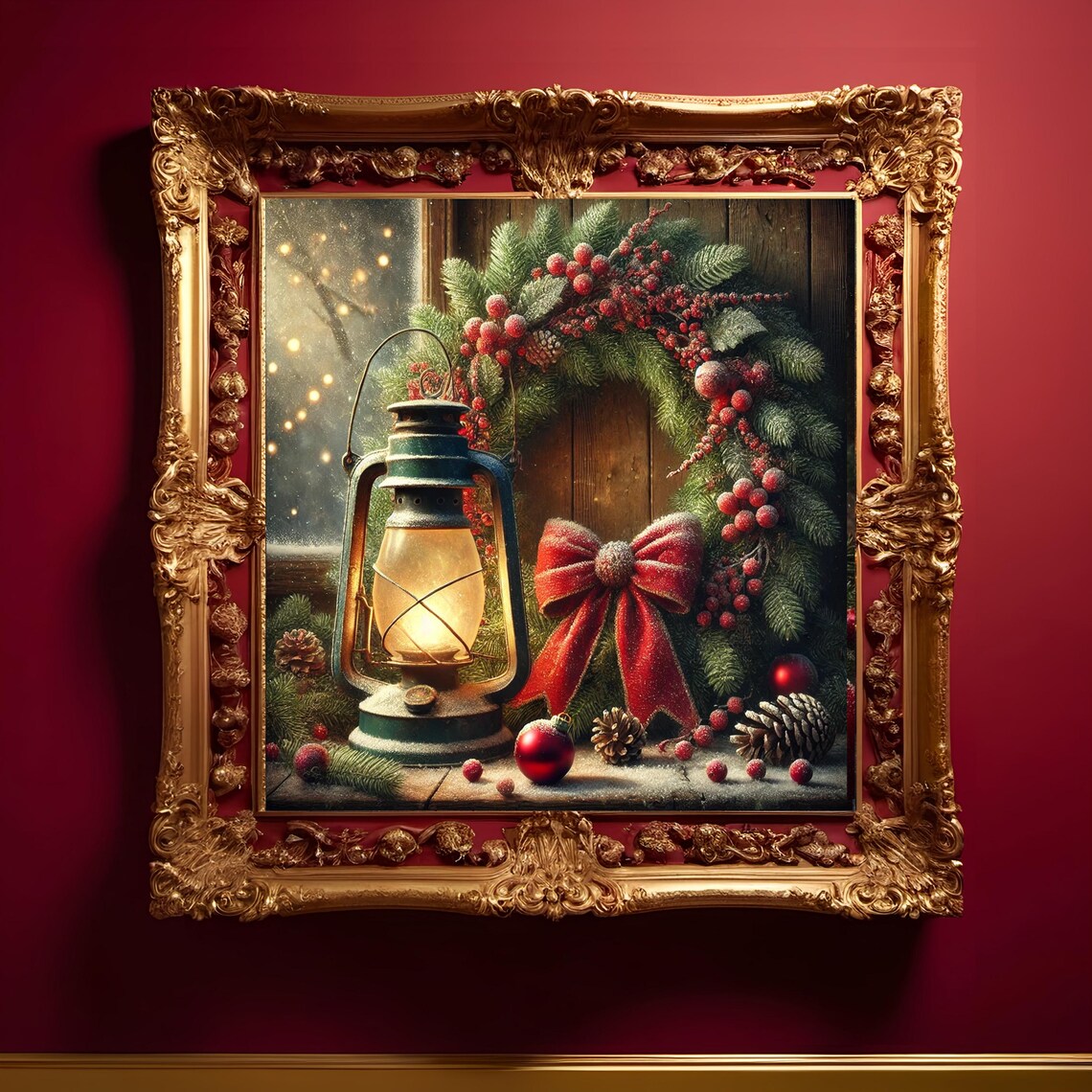 Christmas Wreath Glowing Lantern Red Bow Cozy Holiday Art Print - Image 3