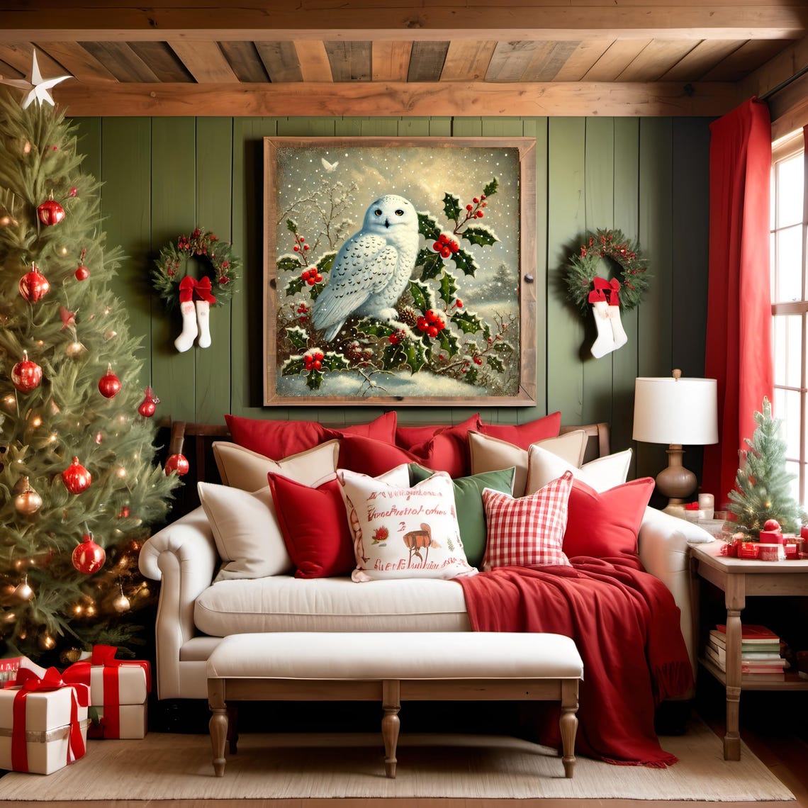 Regal Snowy Owl on Winter Holly Branch Snowfall Nature Art Print - Image 3