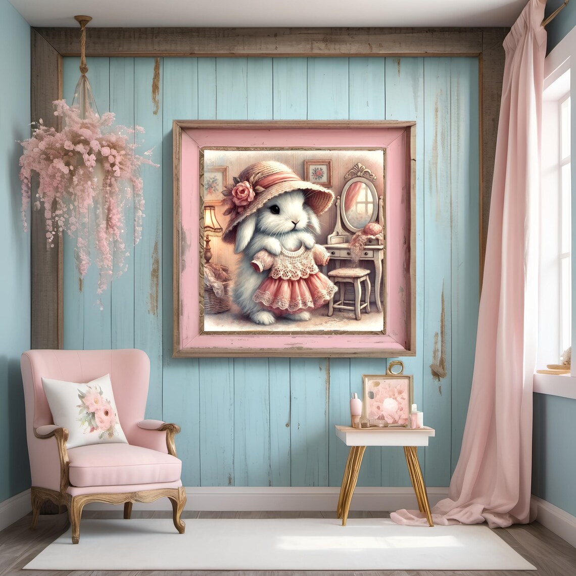 Whimsical Dress Up Bunny Straw Hat Lace Dress Vintage Vanity Poster - Image 2