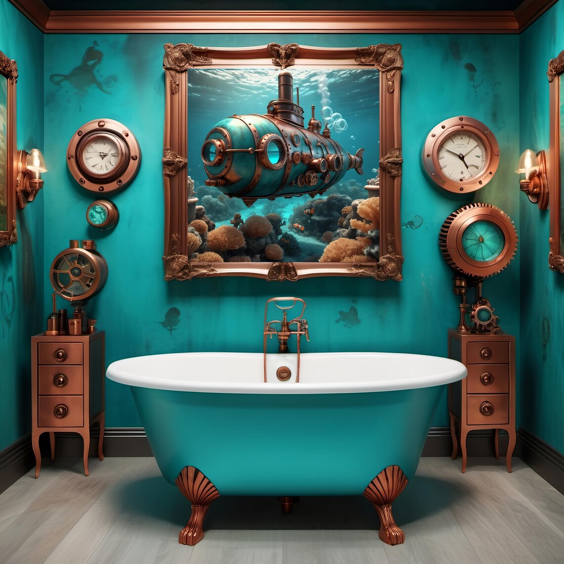 Underwater Steampunk Submarine Print Nautical Fantasy Wall Art Turquoise And Bronze Sci Fi Artwork Steampunk Gift Lover Idea - Image 2