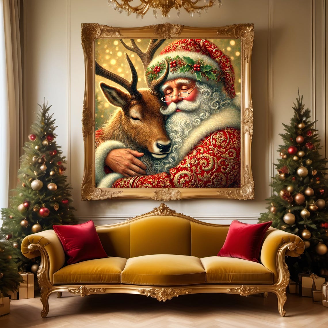 Santa Claus Hugging Reindeer Tender Heartwarming Holiday Print - Image 2