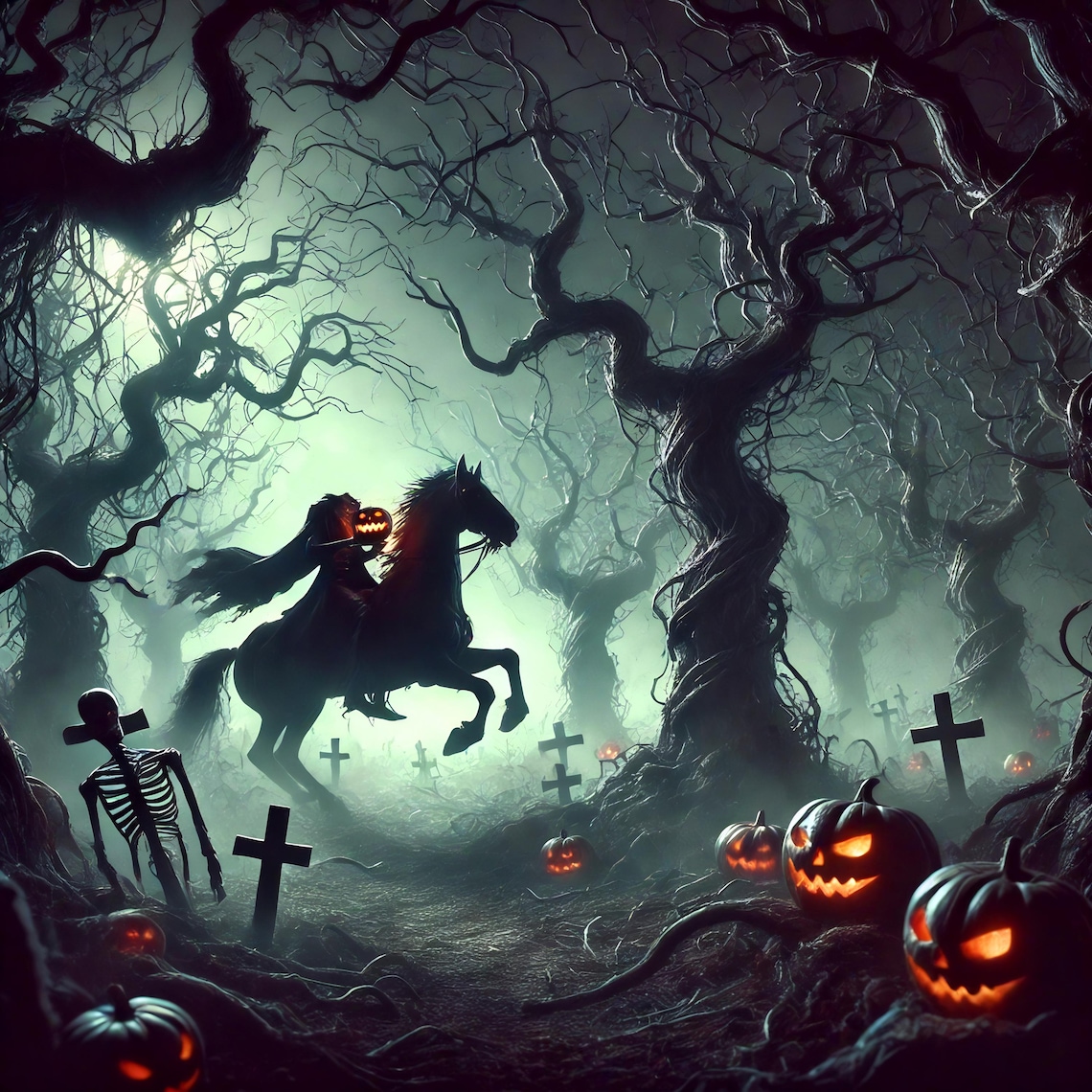 Headless Horseman Haunted Graveyard Jack O Lantern Eerie Gothic Wall Art