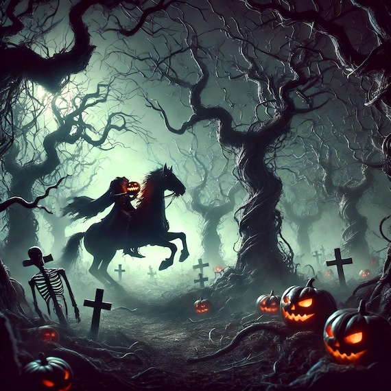 Headless Horseman Haunted Graveyard Jack O Lantern Eerie Gothic Wall Art