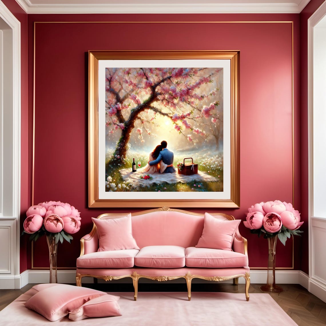 Romantic Couple Picnic Under Cherry Blossoms at Sunset Wall Art - Image 3