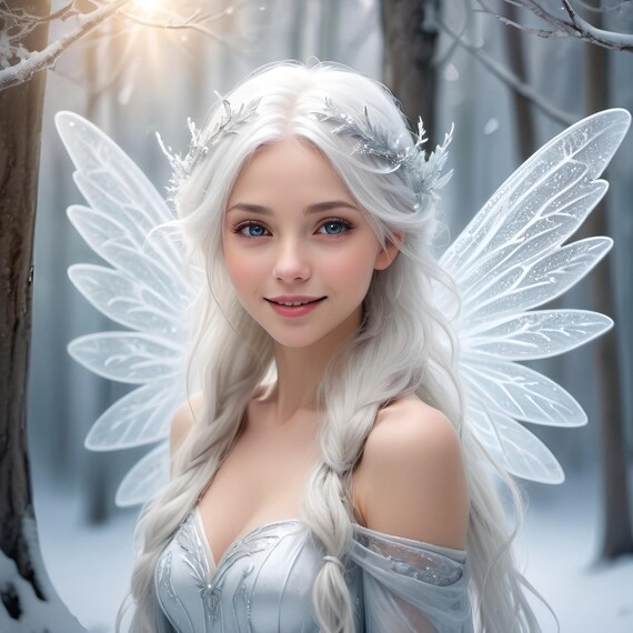 Ice Fairy In Snowy Forest Winter Fantasy Art With Shimmering Wings Magical Light Fairy Tale Decor For Home