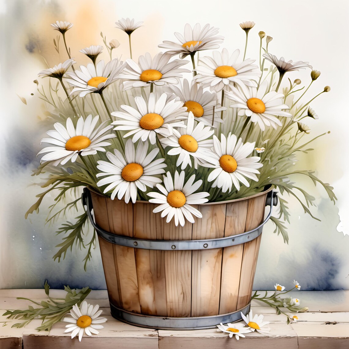 Rustic Daisies Watercolor Art Print, Botanical Decor