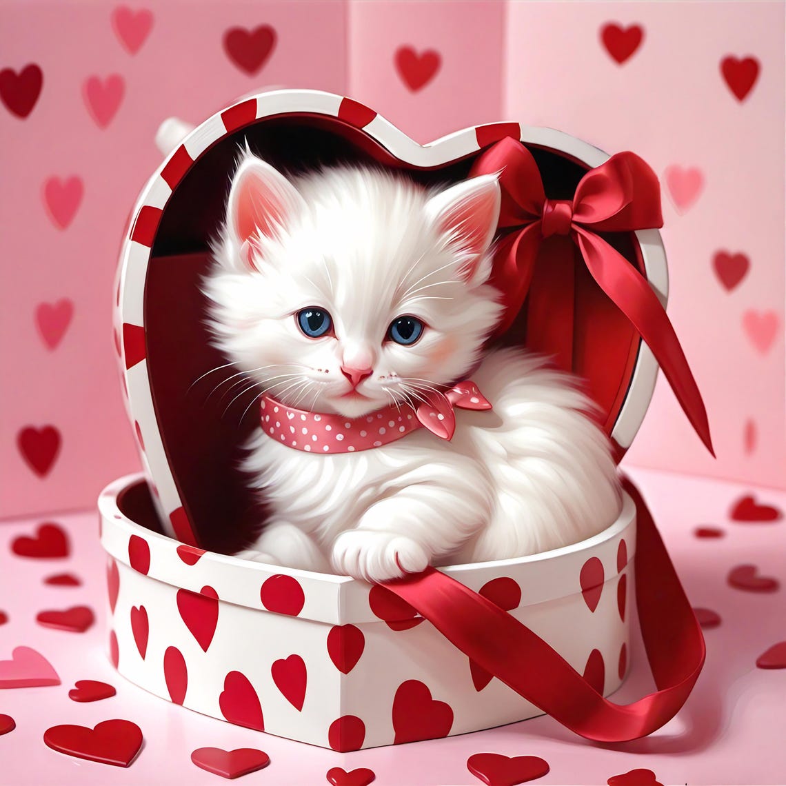 Sweet White Kitten In A Heart Shaped Valentine Gift Box Art Poster