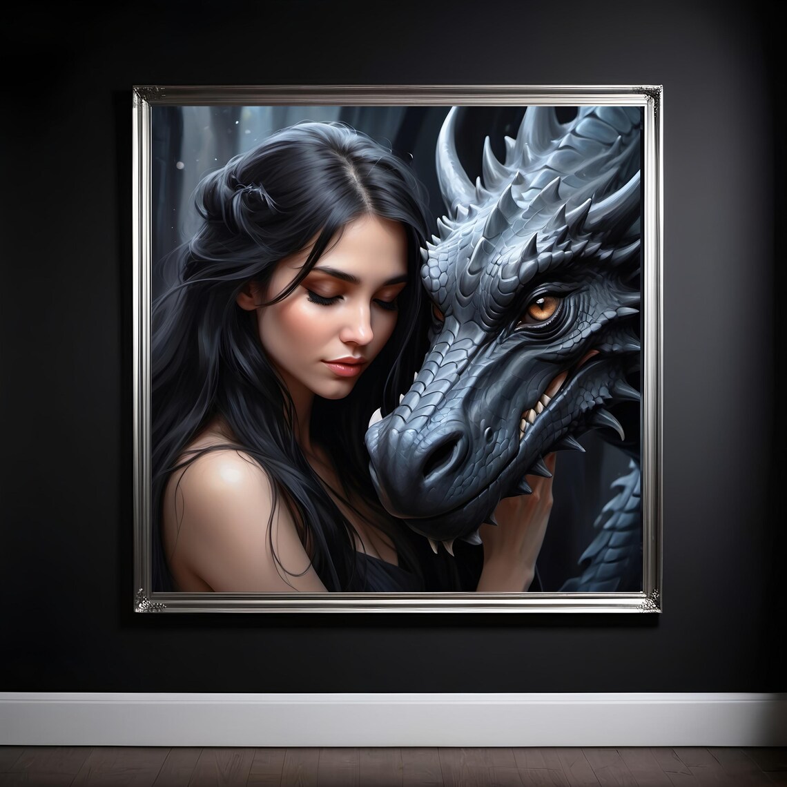 Black Haired Beauty And Dark Grey Dragon Gothic Fantasy Art Poster - Image 3