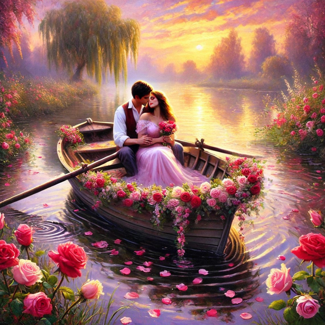 Romantic Couple in Flower Filled Rowboat at Sunset Lake Wall Art