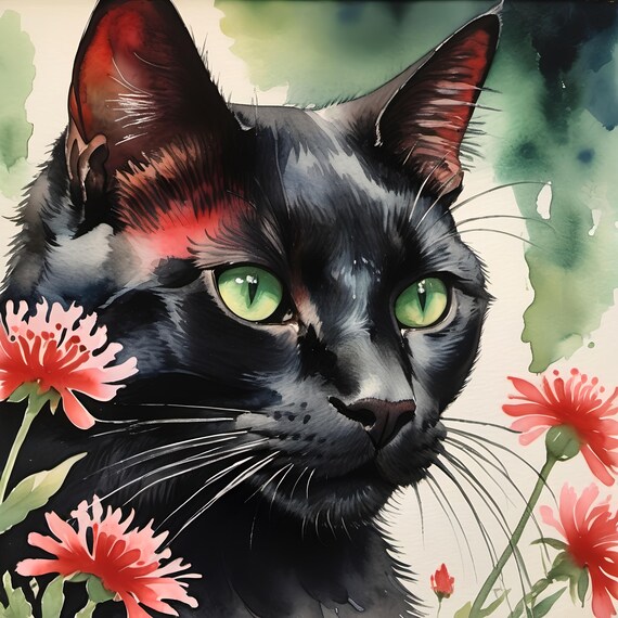 Black Cat Emerald Eyes Watercolor Red Floral Garden Art Print