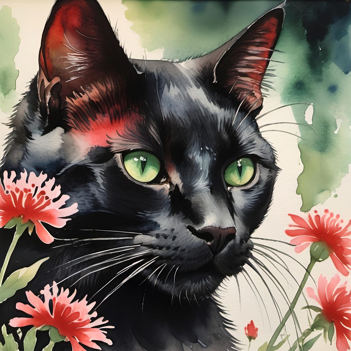 Black Cat Emerald Eyes Watercolor Red Floral Garden Art Print