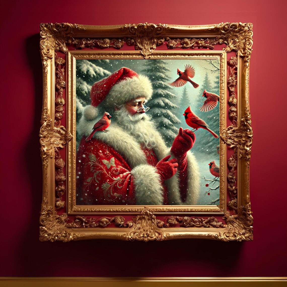 Santa Claus Surrounded by Red Cardinals Snowy Forest Art Print - Image 3