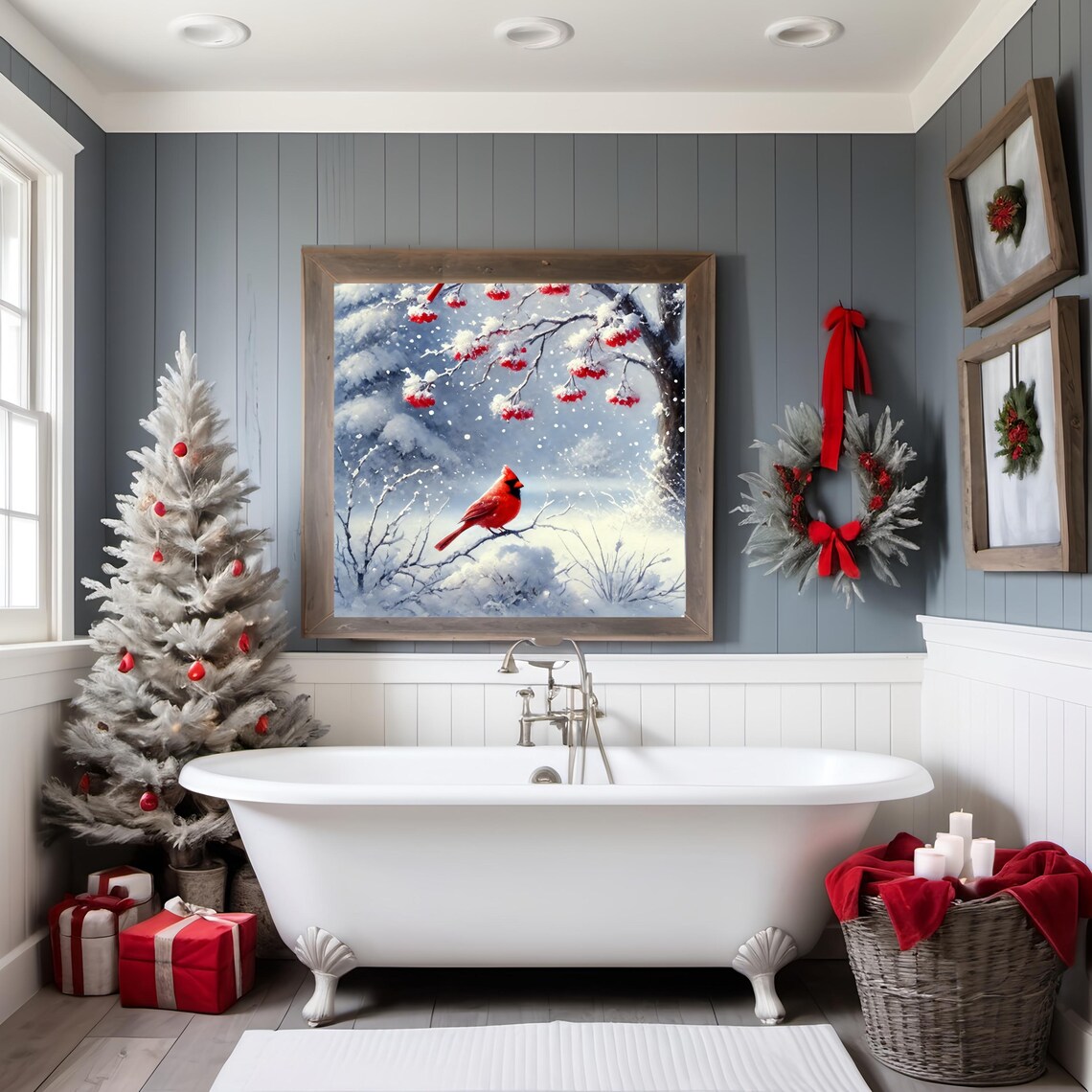 Red Cardinal on Snowy Branch Winter Berries Nature Art Print - Image 2