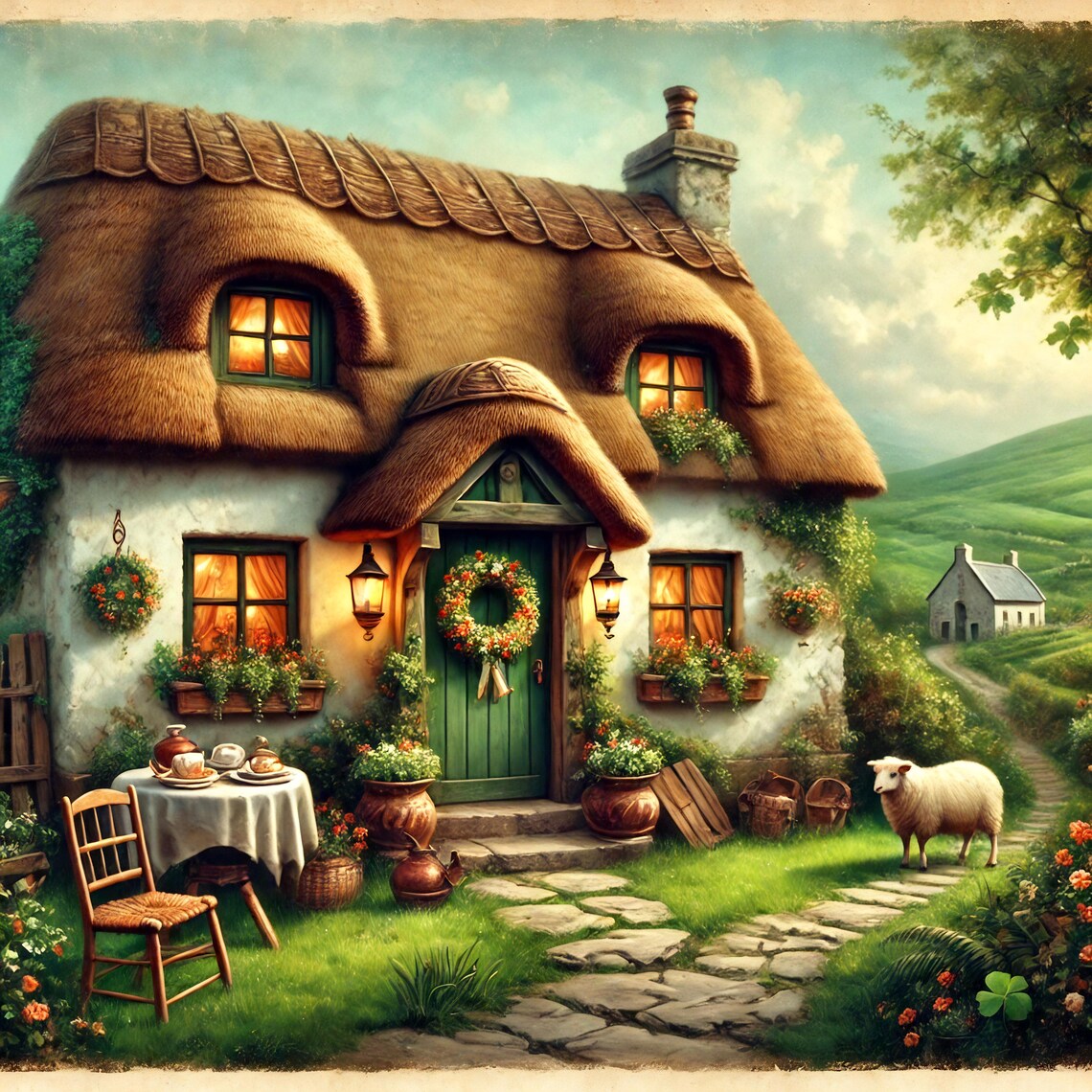 Cozy Irish Thatched Cottage Green Door Sheep Garden Scene Poster