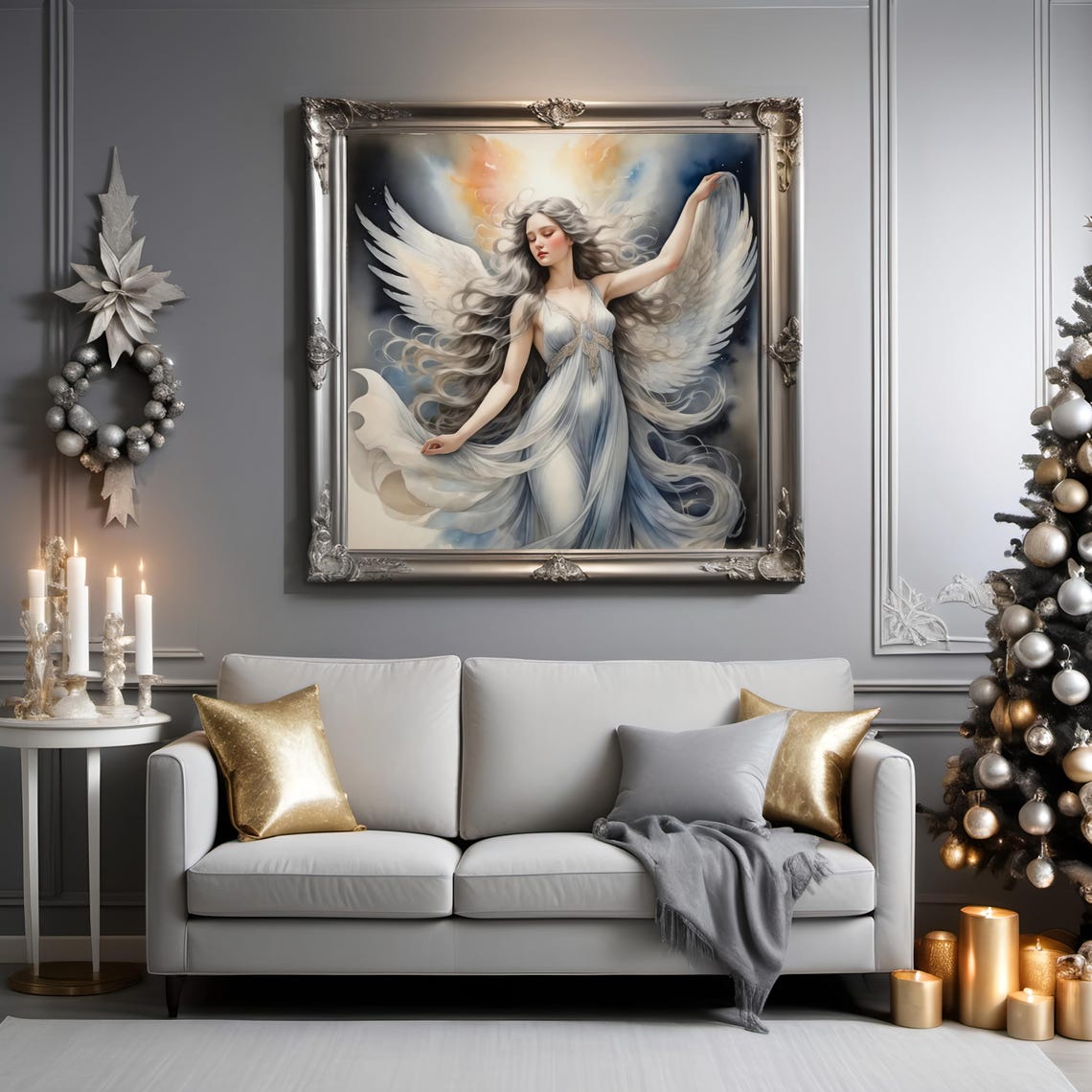 Angel Dancing in Clouds Swirling Silver Hair Ethereal Art Print - Image 3