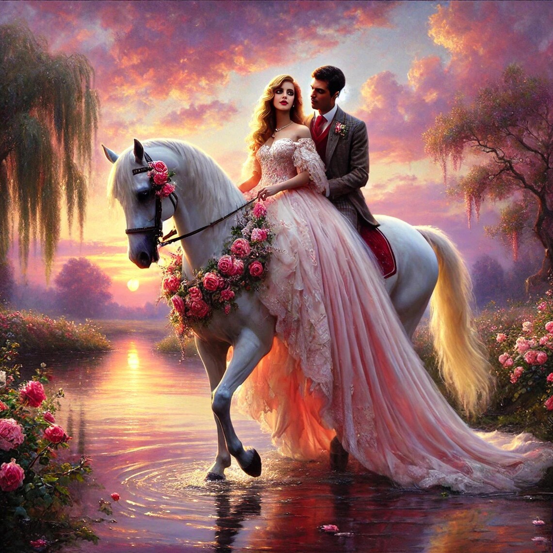 Romantic Horseback Ride, Vintage Fantasy Art Print