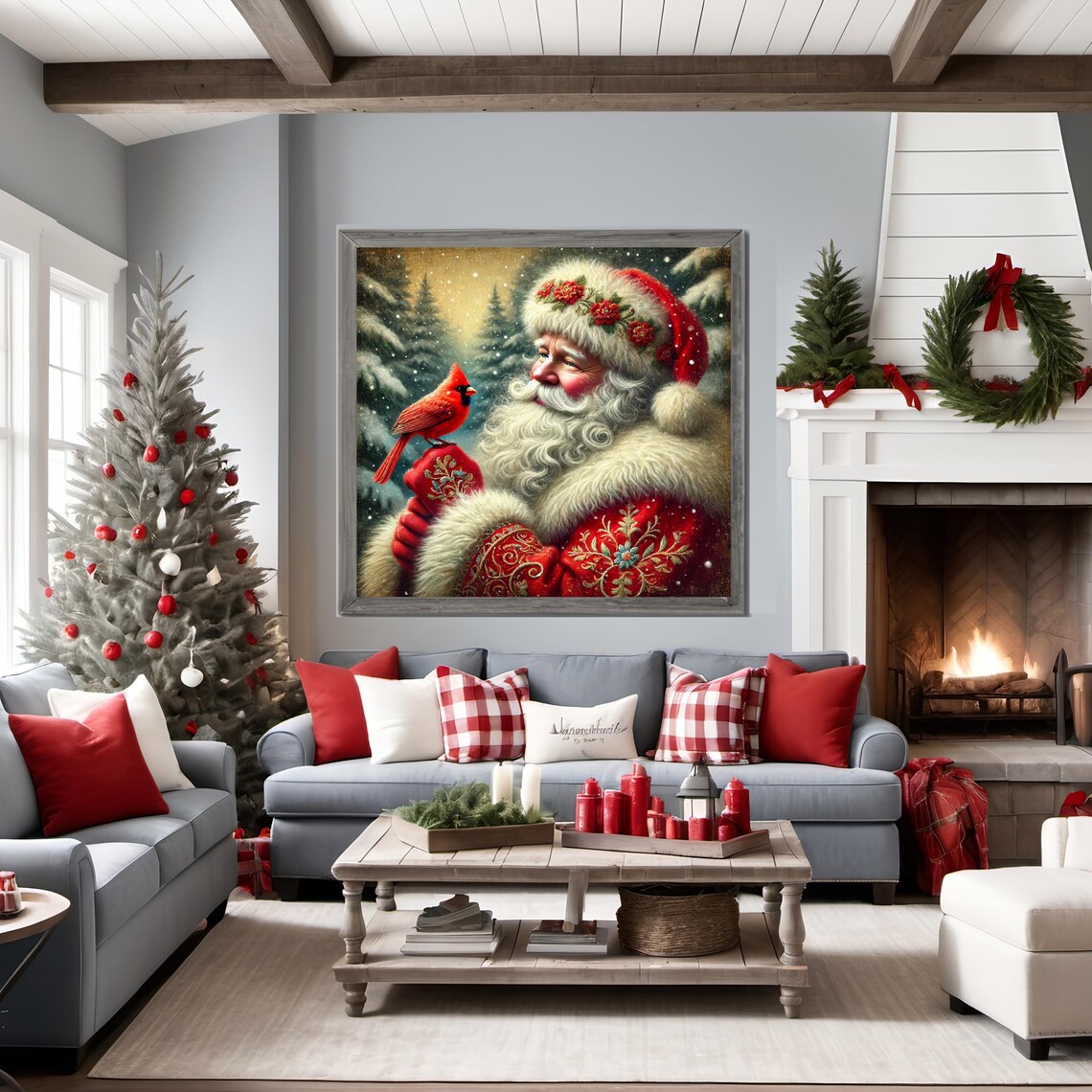 Santa Claus and Red Cardinal Perched on Glove Winter Art Print - Image 2