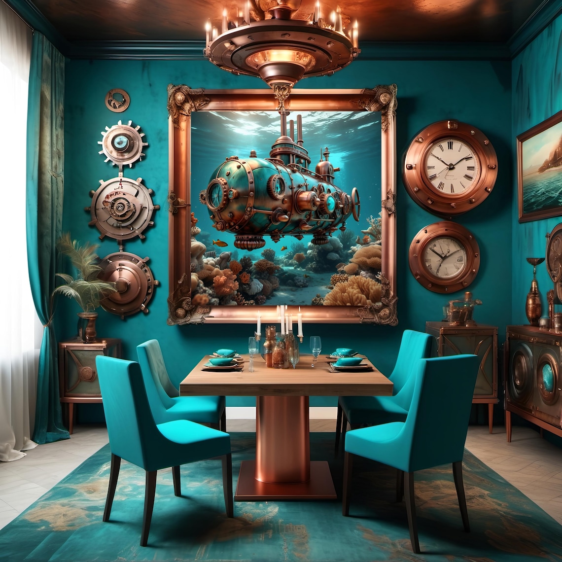 Copper and Teal Steampunk Submarine Over Coral Reef Ocean Poster - Image 3