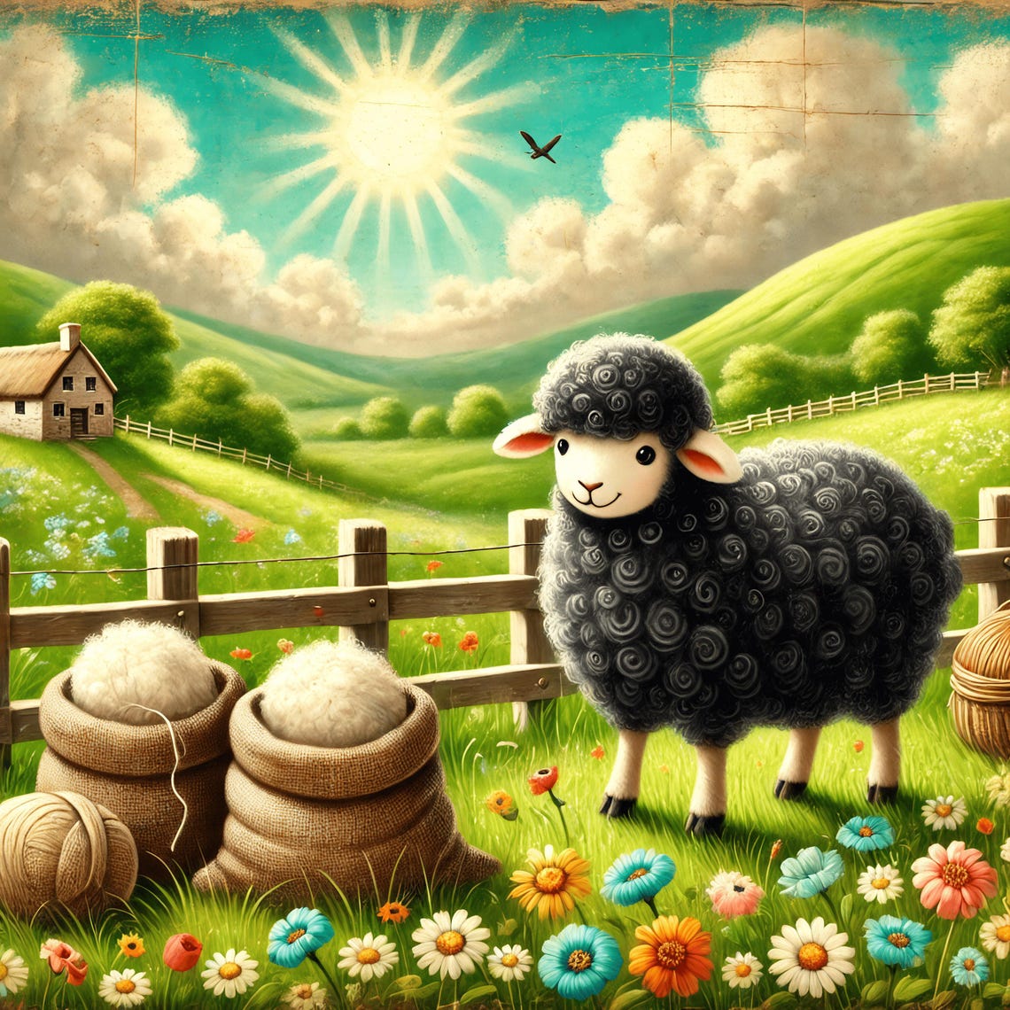 Baa Baa Black Sheep Sunny Meadow Farm Scene Nursery Rhyme Poster