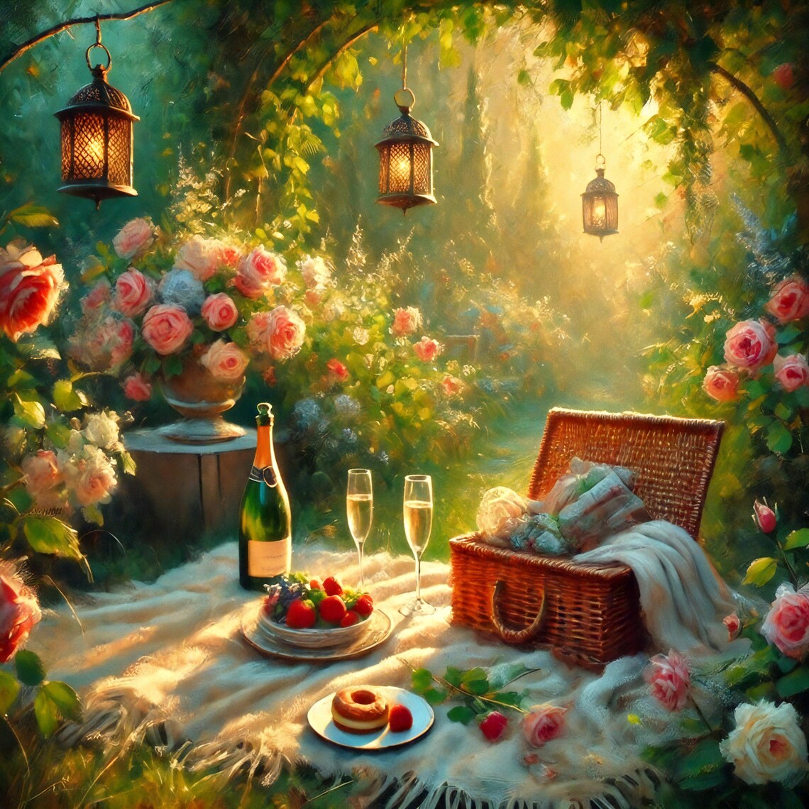 Romantic Garden Picnic with Champagne and Roses Lantern Glow Print