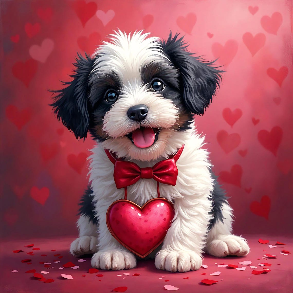 Cute Sweet Puppy With Red Bow Holding Heart Valentines Day Poster