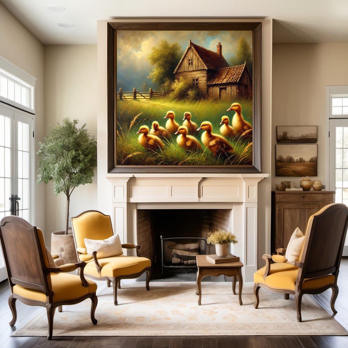 Mother Duck With Nine Ducklings By Rustic Barn In Green Pasture Print - Image 3