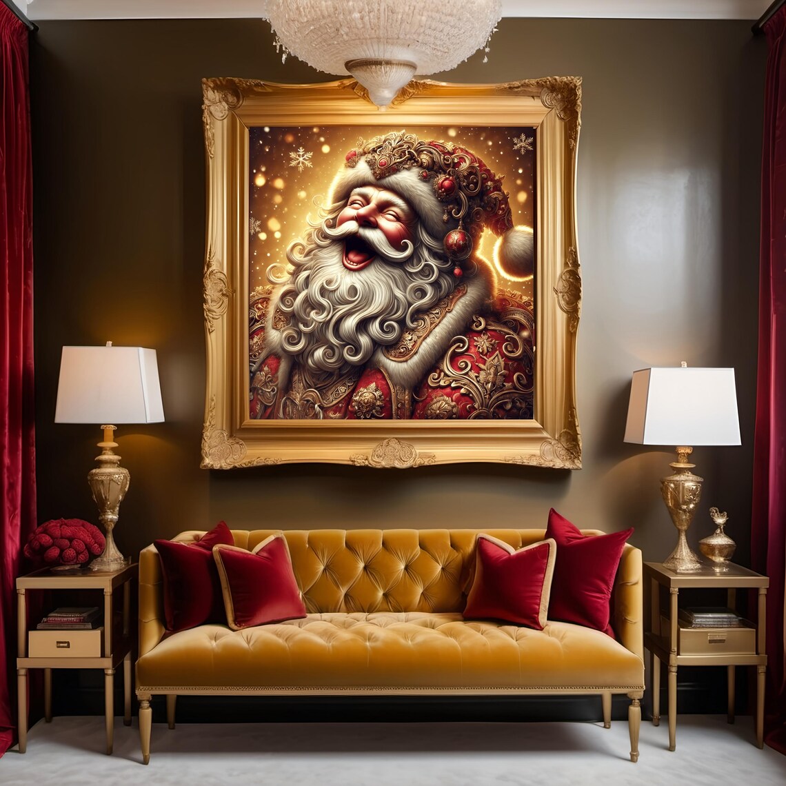 Laughing Santa Claus Portrait Ornate Gold Red Festive Holiday Poster - Image 2