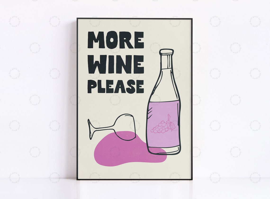 More Wine Please Cream Retro Wine Bottle Bar Cart Kitchen Poster