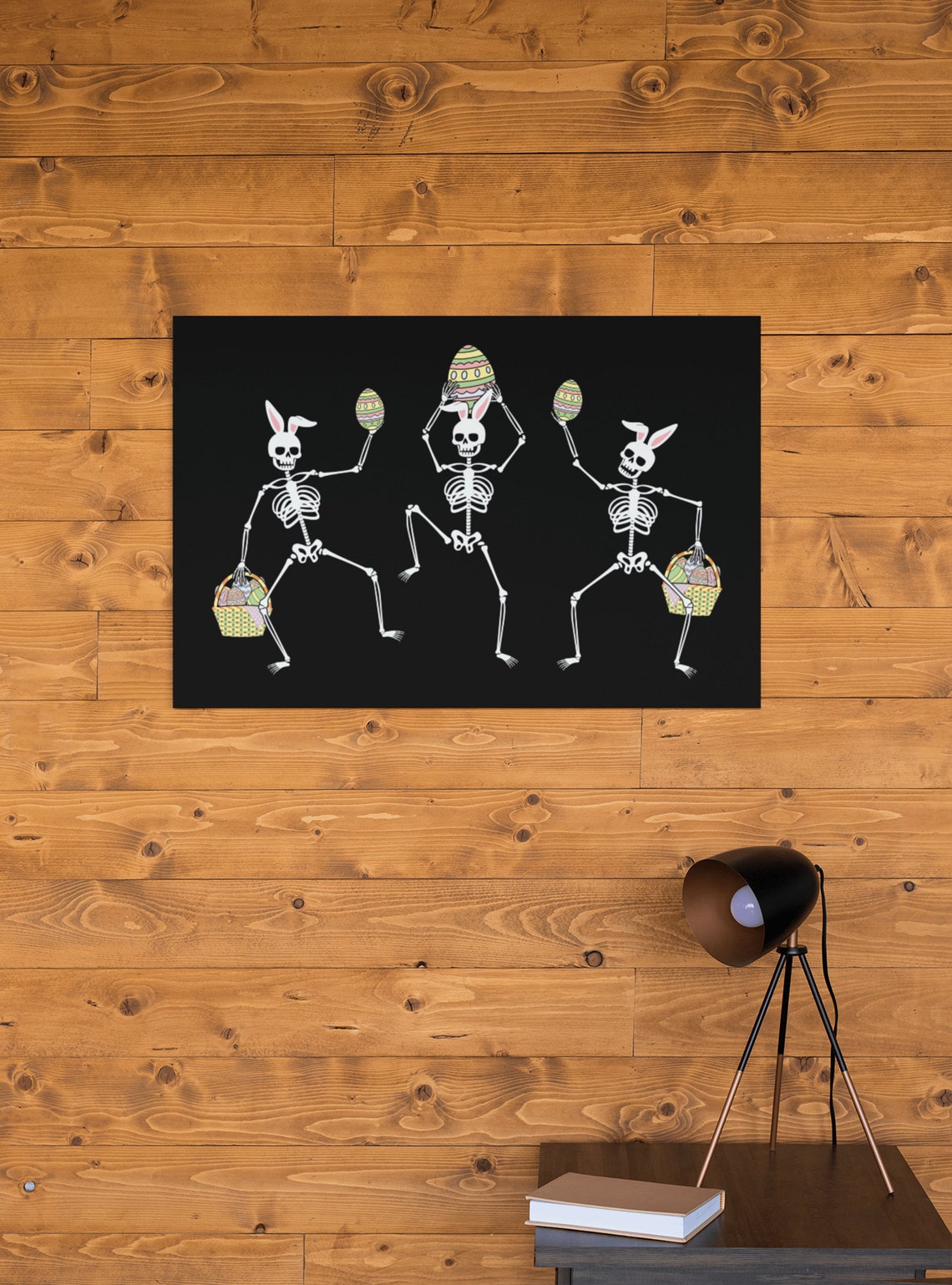 Dancing Easter Bunny Skeletons Holding Eggs Black Art Poster