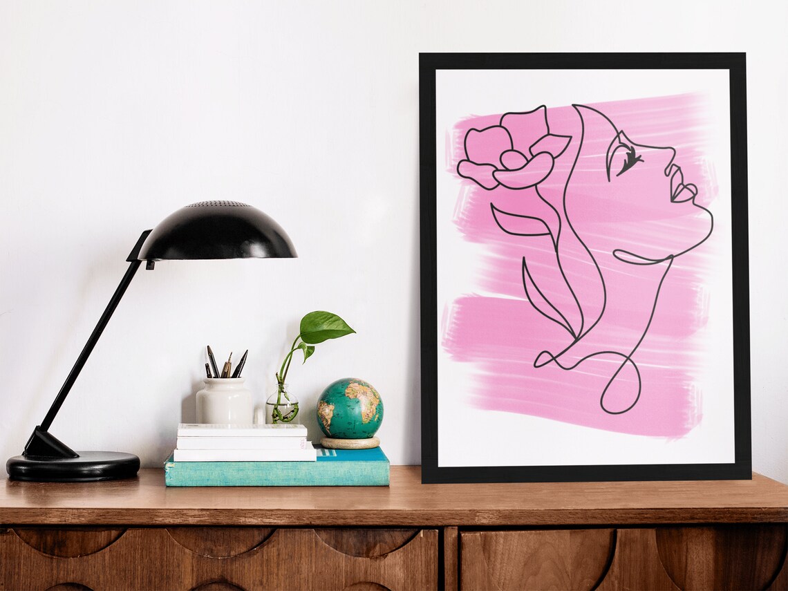 Pink Watercolor Woman Face Line Art Floral Blush Wall Poster - Image 10