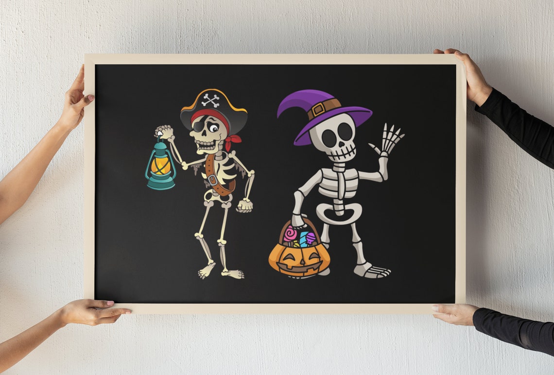 Halloween Skeleton Duo Pirate Witch Cartoon Spooky Poster Art - Image 3