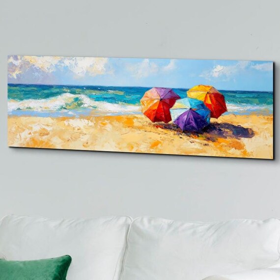 Beach Parasols Oil Painting, Panoramic Beach Scene