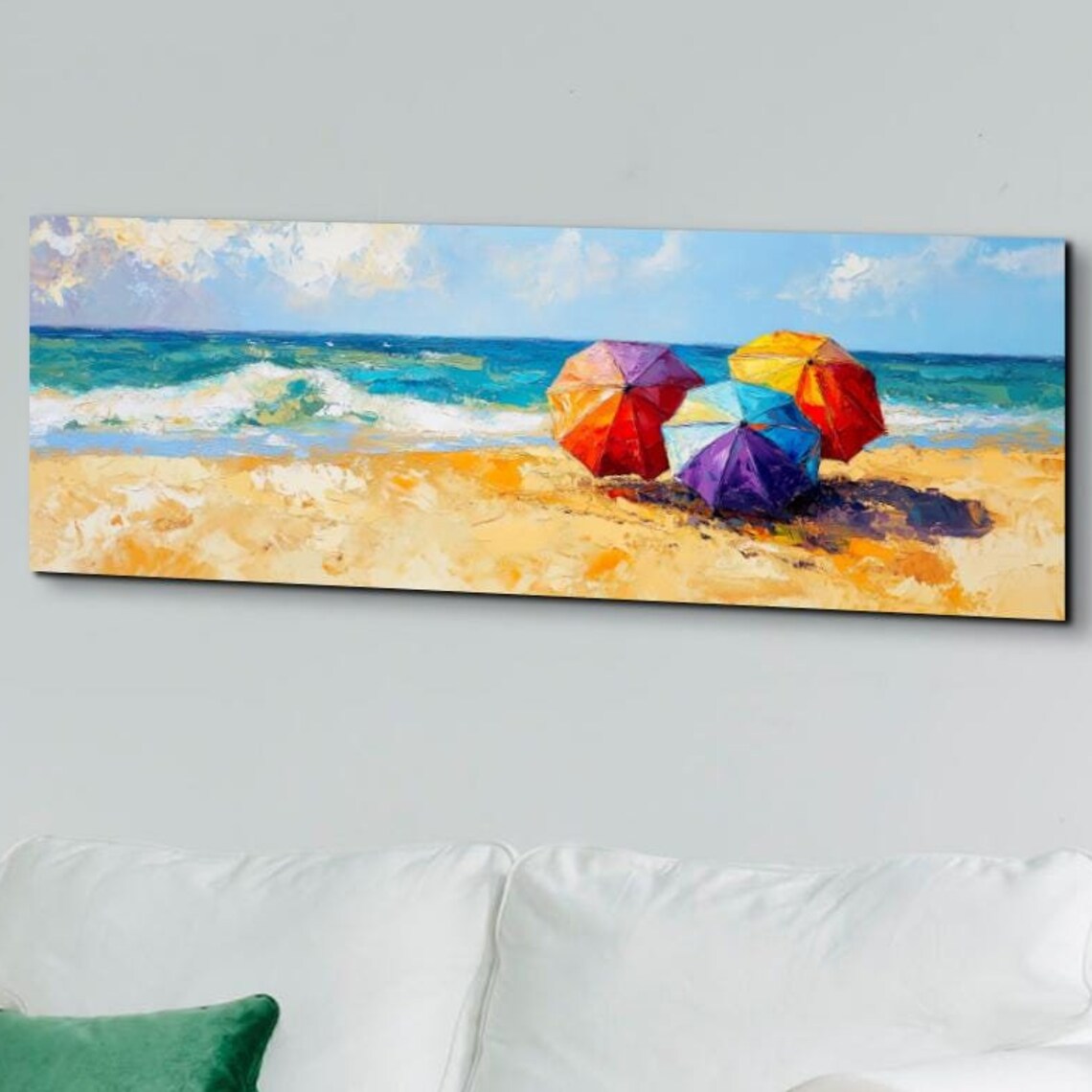 Beach Parasols Oil Painting, Panoramic Beach Scene