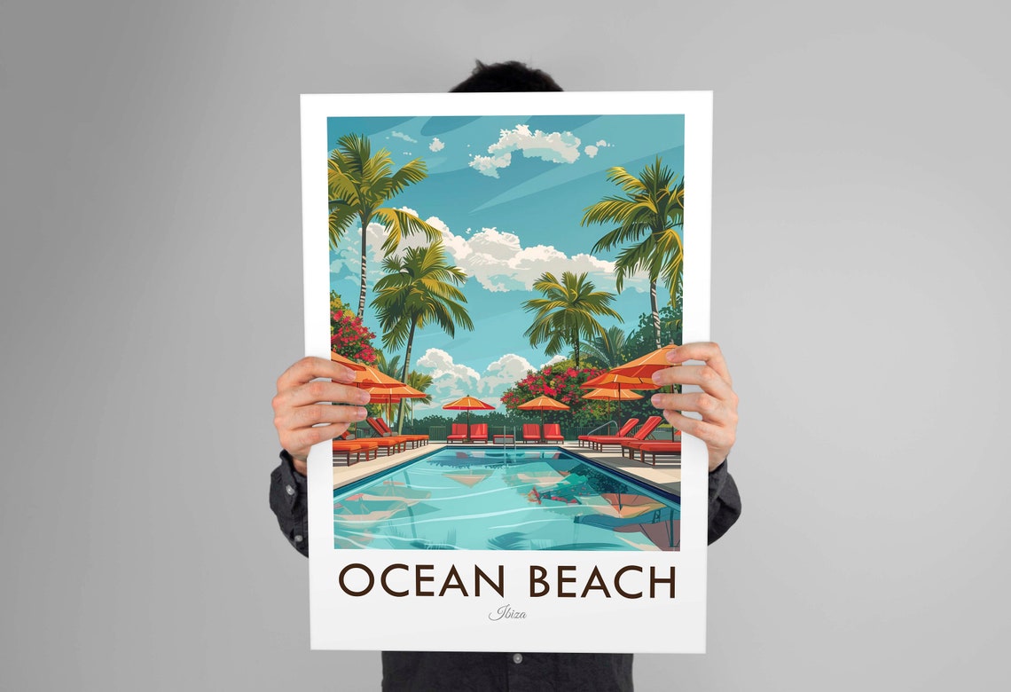 Ocean Beach Ibiza Spain Pool Palms Orange Umbrellas Travel Poster - Image 3