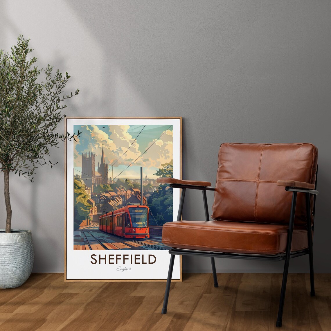 Sheffield England Red Tram Cathedral Skyline Vintage Travel Poster - Image 2