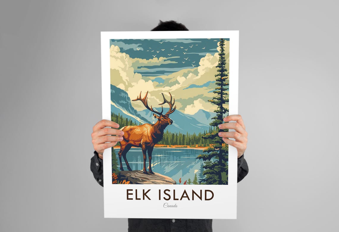 Elk Island Canada Bull Elk Mountain Lake Vintage Travel Poster - Image 3