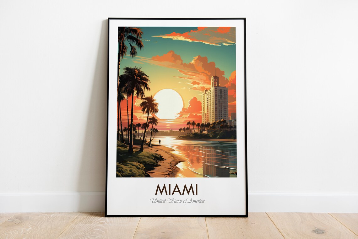 Miami Florida Beach Sunset Palms Vintage Illustration Travel Poster