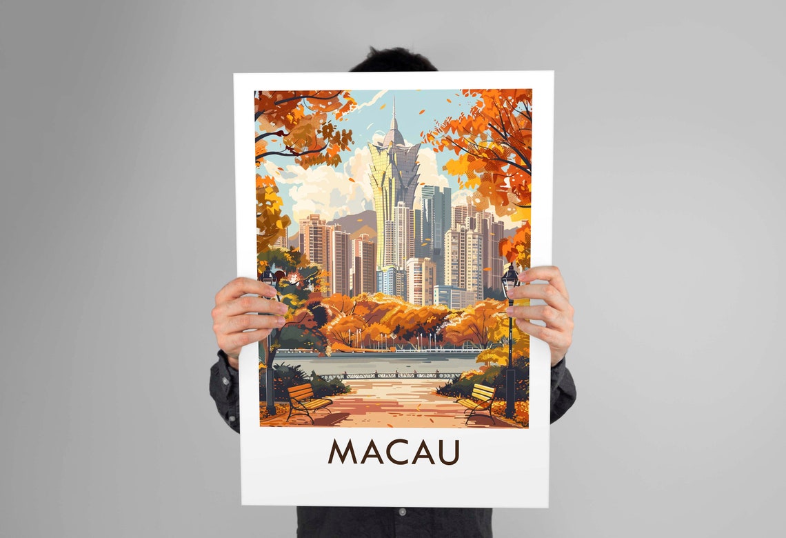 Macau China Autumn Park Skyline Fall Trees Benches Travel Poster - Image 2