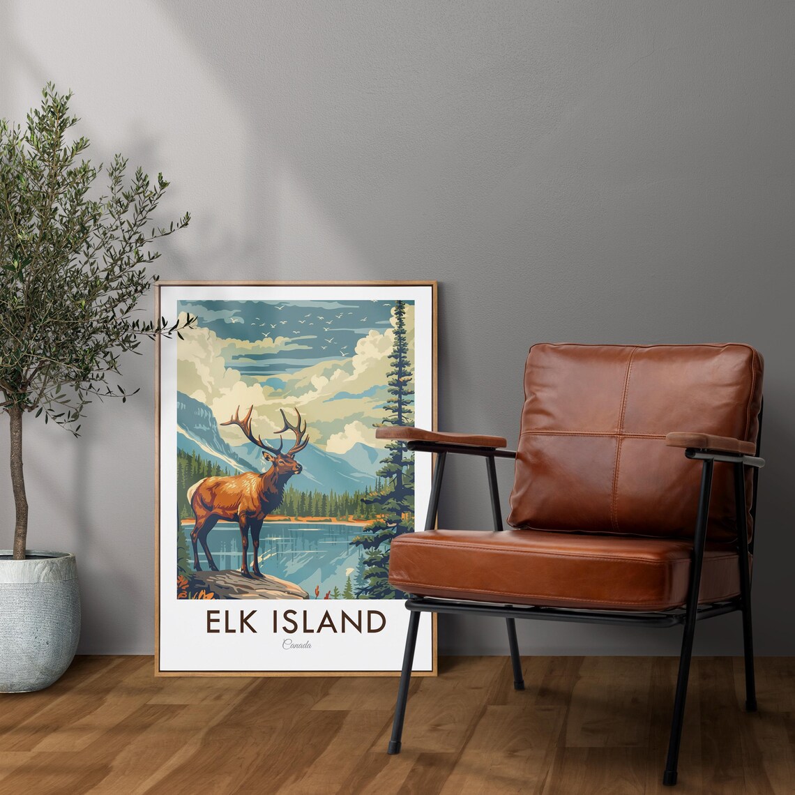 Elk Island Canada Bull Elk Mountain Lake Vintage Travel Poster - Image 2