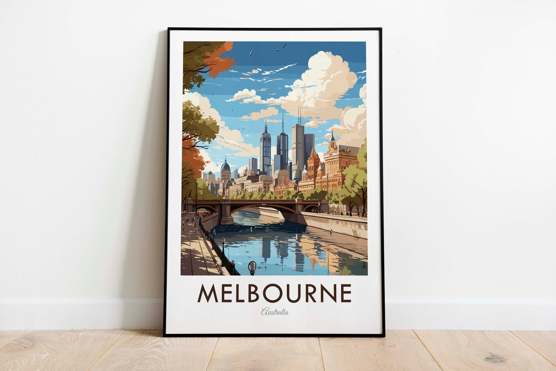 Melbourne Australia Riverside Skyline Bright Vintage Travel Poster
