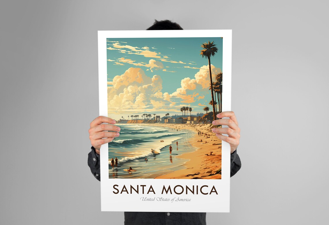 Santa Monica California Beach Palms And Surfers Vintage Style Travel Poster - Image 2
